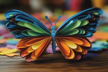 Child holding a paper butterfly with cut art crafts