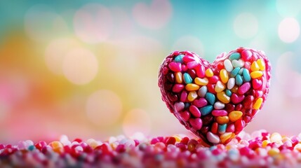 Fototapeta premium Colorful sweet dragee in heart shaped , on a blurred lighting background. Valentines Day concept, Banner
