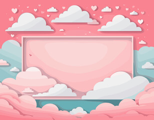 Horizontal banner with pink sky and paper cut clouds. Place for text. Happy Valentine's day sale header or voucher template with hearts. Rose cloudscape border frame pastel colors.