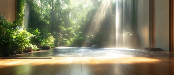 Serene indoor pool with waterfall view.