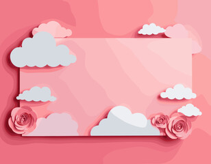 Horizontal banner with pink sky and paper cut clouds. Place for text. Happy Valentine's day sale header or voucher template with hearts. Rose cloudscape border frame pastel colors.