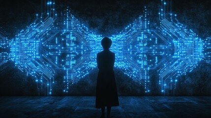 Woman silhouetted against a glowing blue digital circuit board background.