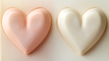 Obraz premium Two heart shaped soaps in pale pink and white