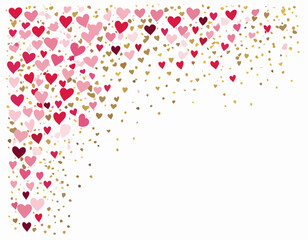 Red, pink and white hearts with golden confetti isolated on transparent background. Vector illustration. Paper cut decorations for Valentine's day design