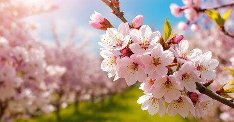 Branch of cherry tree blossoming in an orchard
