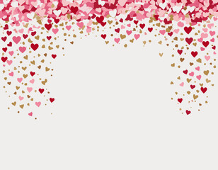 Red, pink and white hearts with golden confetti isolated on transparent background. Vector illustration. Paper cut decorations for Valentine's day design