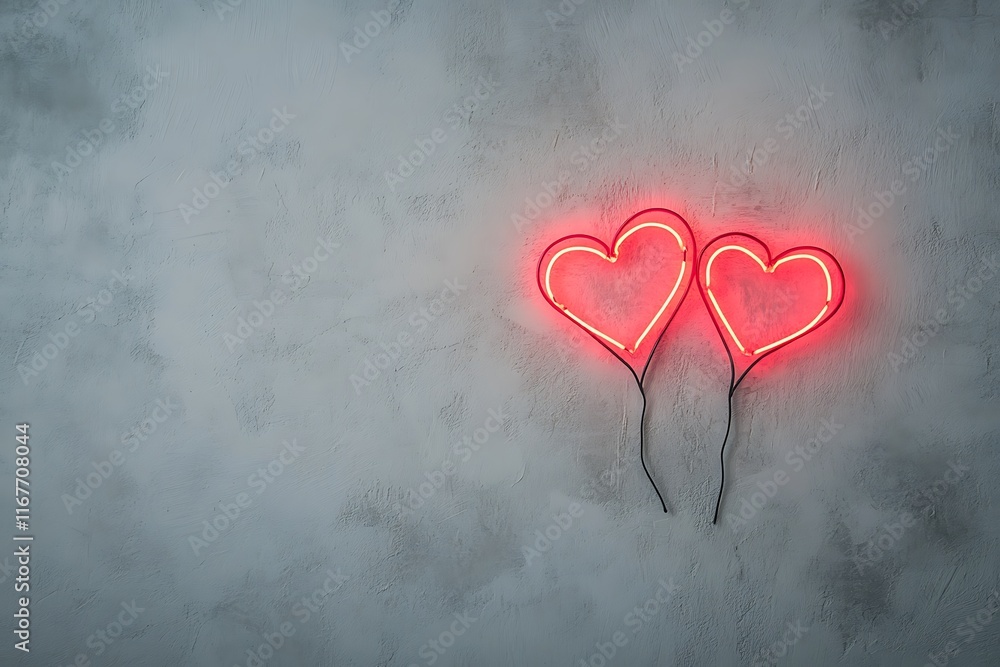 Wall mural Two neon red hearts with a soft glow on a white background, with text space