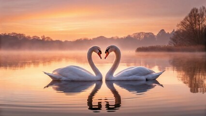 Fototapeta premium Swans at sunset forming a heart shape