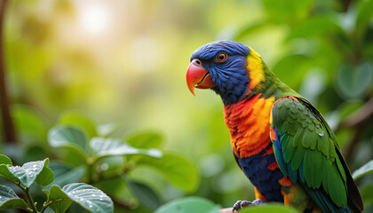 Obraz premium Vibrant parrot perched on branch in tropical rainforest, wildlife beauty