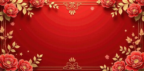 Red & gold paper-cut style floral design with auspicious symbols , paper cut, blossom