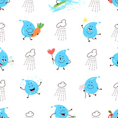 Cute water drops seamless pattern. Funny cartoon positive characters, blue drop print for fabric, wrapping, wallpaper design. Nowaday vector texture