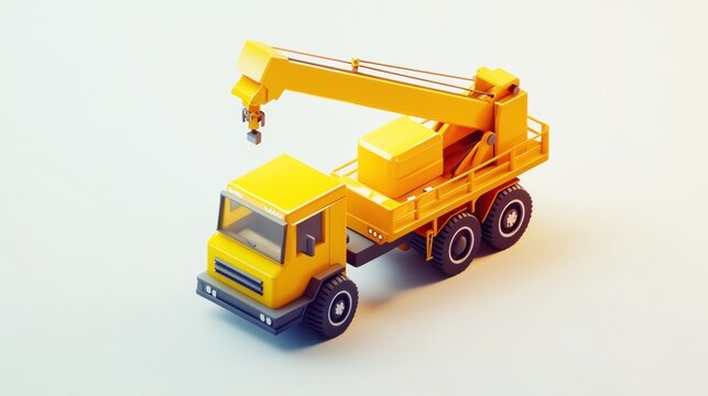 Yellow low-poly crane truck model on white background.