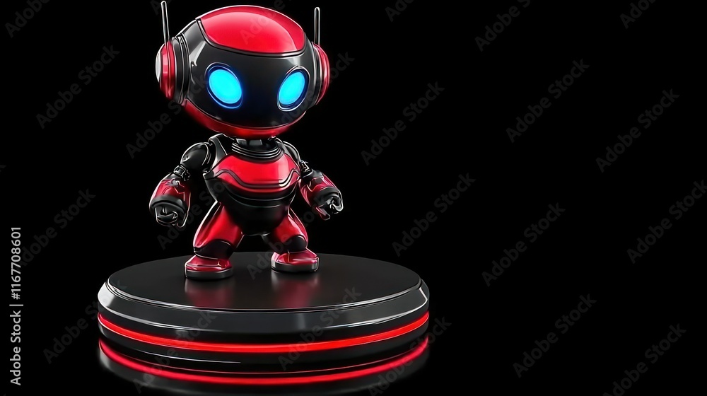 Poster cute red robot on a platform: futuristic character design