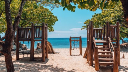 Wooden playground on sandy beach with ocean view.