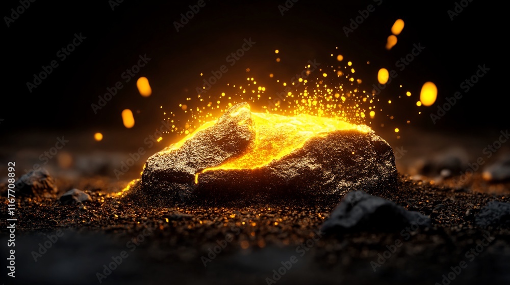 Poster glowing rock with sparks in dark setting.