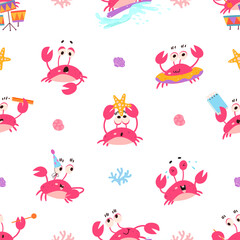 Obraz premium Crabs seamless pattern. Cute crab surfing, play music, writing notes. Funny sea life animal for fabric print, wrapping or wallpaper, nowaday vector background