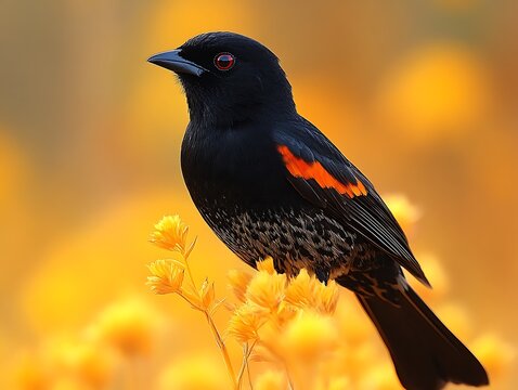 Longtailed Widowbird Euplectes progne striking black bird a dramatically long tail soaring over tall golden grass in an African savanna