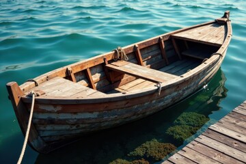 Fototapeta premium Old wooden boat on dock with weathered wooden planks and ropes, outdoor, wooden texture, wooden planks