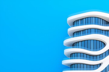 A 3D rendering of a modern corporate office building, showcasing futuristic architecture with a curved shape, viewed from a low angle.