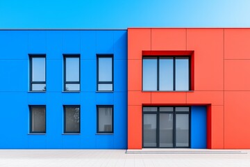 A sleek business structure with modern architectural elements set against a bright blue sky.