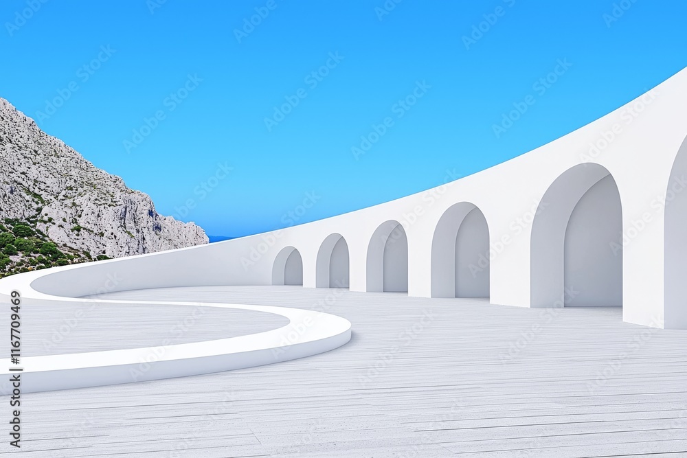 Poster a futuristic architectural background in 3d render, showcasing an empty concrete floor for a car pre