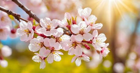 Branch of cherry tree is blooming with beautiful pink flowers