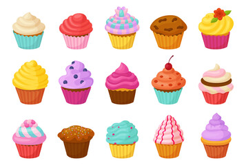 Cartoon cupcakes. Different sweet cupcake with creamy hats and decorations. Bakery desserts, chocolate vanilla berry muffins, neoteric vector set