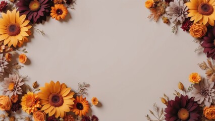 Elegant autumnal flower arrangement bordering an empty beige background, perfect for seasonal greetings, invitations, or festive event announcements