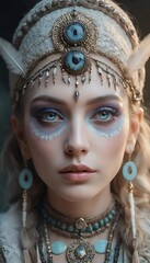 a shaman woman, Fantasy tribal shaman woman close up in crown, Fantasy tribal shaman woman close up in crown