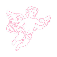 Vintage baby Cupid illustration with harp. Cute angel with wings in doodle sketch style. Elegance ink element for wedding invitations, posters. Hand-drawn line art clipart of antique Greek statue.