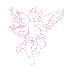 Retro angel baby Cupid with bow and arrow. Elegant doodle line art in Victorian vintage style. Hand-drawn line art clipart of antique Greek statue for wedding invitations, posters. Cute cherub angel.