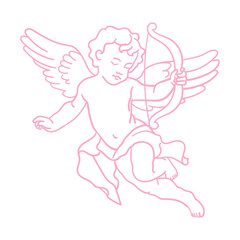 Antique cherub Cupid holding bow and arrow. Line art illustration in retro doodle hand-drawn style. Antique Greek statue of cute angel with wings for wedding invitations, festive designs. Love,romance