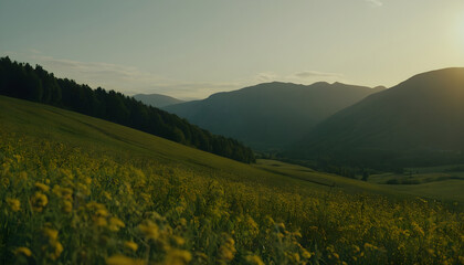 Fototapeta premium Sun setting over mountain range behind field of flowers
