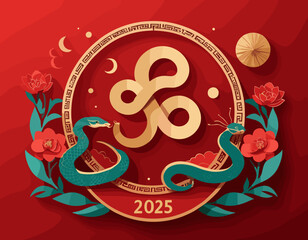 Chinese banner, Happy New Year 2025 poster. Traditional Snake silhouette icon 3d paper cut on red background. Vector illustration. Astrology China lunar calendar animal symbol. Place for text