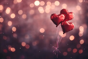 Obraz premium red heart-shaped balloons floating over couple