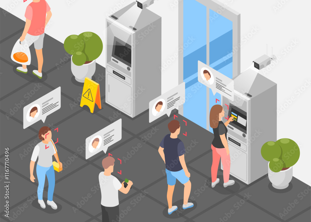 Poster atm security isometric concept. face recognition and personal security in public space. banking syst