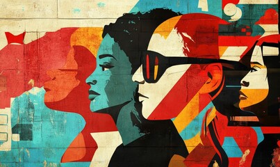 Abstract wall art; colorful female profiles; geometric shapes.