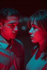 Naklejka premium Intimate Couple Portrait in Dramatic Neon Lighting