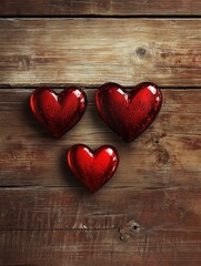 Red hearts on wooden board