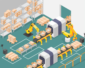 Isometric manufacture interior. Automatic production line, robotic machines work in factory. Product packaging, transportation and distribution flawless vector scene