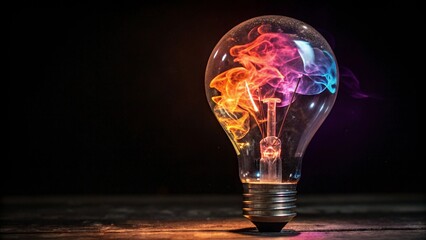 Creative Neon Light Bulb with Liquid Colors on Black Background, Colorful Swirls