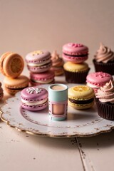 Fototapeta premium Vintage-Inspired Cosmetic Display with Pastel Macarons and Cupcakes