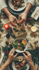 Fototapeta premium Festive holiday dining with gift exchange and seasonal greenery.