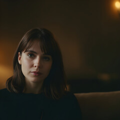 Young woman with brown hair and black shirt posing in a moody room