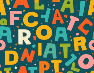 Cute English retro 3d alphabet seamless pattern. Vector illustration. Uppercase colorful letters for kids print, school carnival party, typography vintage background