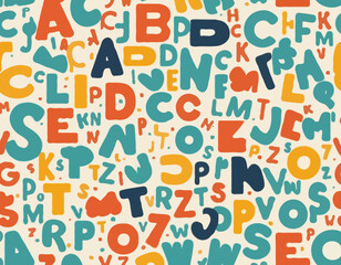 Cute English retro 3d alphabet seamless pattern. Vector illustration. Uppercase colorful letters for kids print, school carnival party, typography vintage background