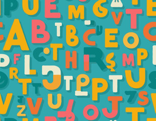 Cute English retro 3d alphabet seamless pattern. Vector illustration. Uppercase colorful letters for kids print, school carnival party, typography vintage background