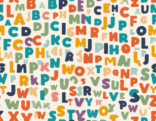 Cute English retro 3d alphabet seamless pattern. Vector illustration. Uppercase colorful letters for kids print, school carnival party, typography vintage background