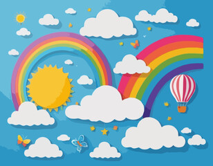 Beautiful fluffy clouds on blue sky background with summer sun, butterfly, hot air balloons and rainbow. Vector illustration. Paper cut style. Place for text