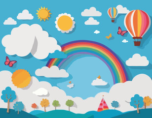 Beautiful fluffy clouds on blue sky background with summer sun, butterfly, hot air balloons and rainbow. Vector illustration. Paper cut style. Place for text